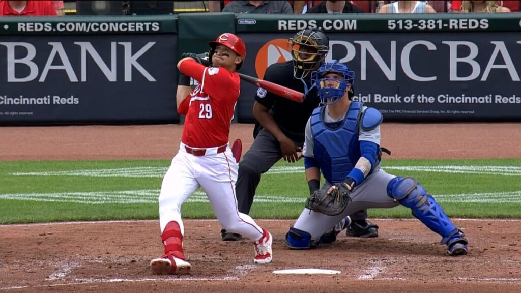 Cincinnati Reds OF TJ Friedl slugs a two-run home run in the third inning against the Chicago Cubs at Great American Ballpark on June 8,2024.