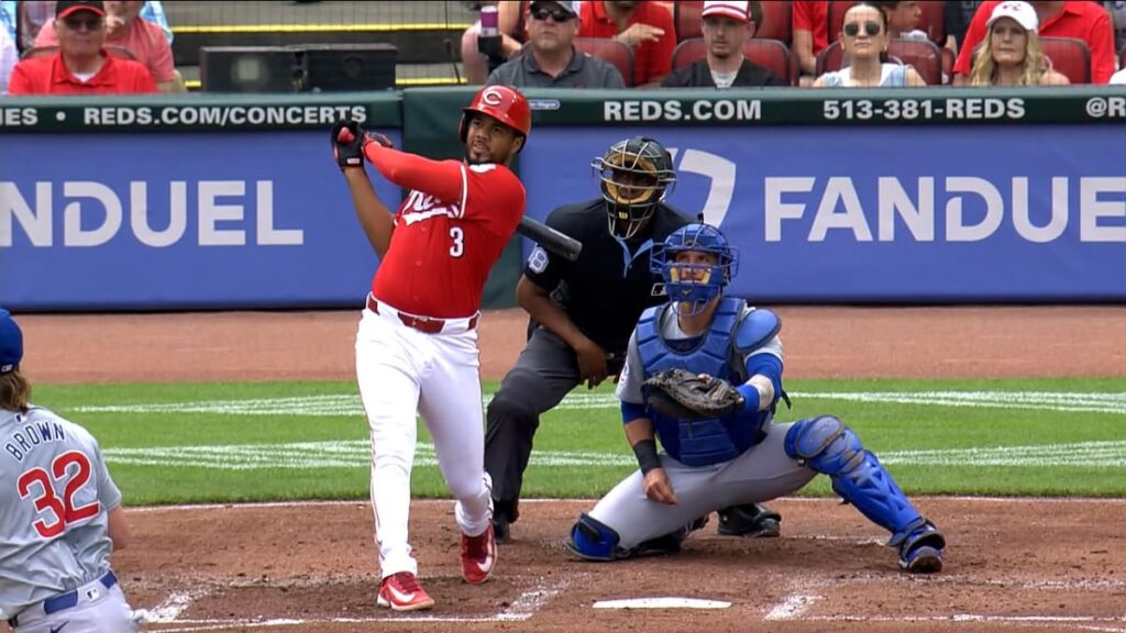 Cincinnati Reds 3B Jeimer Candelario smashes a solo home run to right field in the bottom of the first inning against the Chicago Cubs at Great American Ballpark on June 8, 2024.