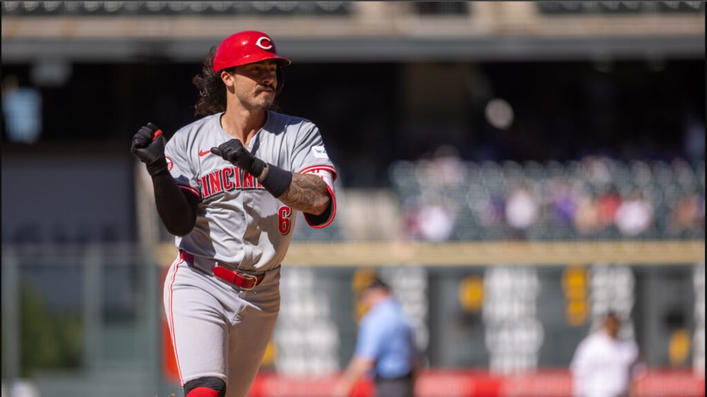 Cincinnati Reds 2B Jonathan India celebrates rounding the bases on a grand slam at Coors Field on June 5th, 2024.